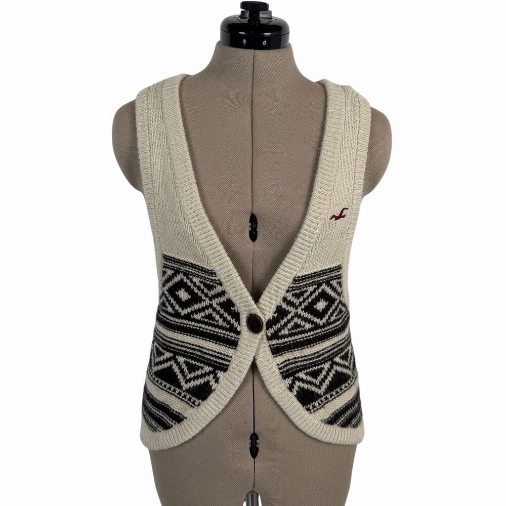 Hollister Cropped Knit Sweater Vest Medium Cream Beige Fair Isle Nordic Boho Y2K